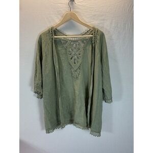 Valentina Naldi Women's Open Front Linen Crochet Kimono Jacket Green‎ One Size
